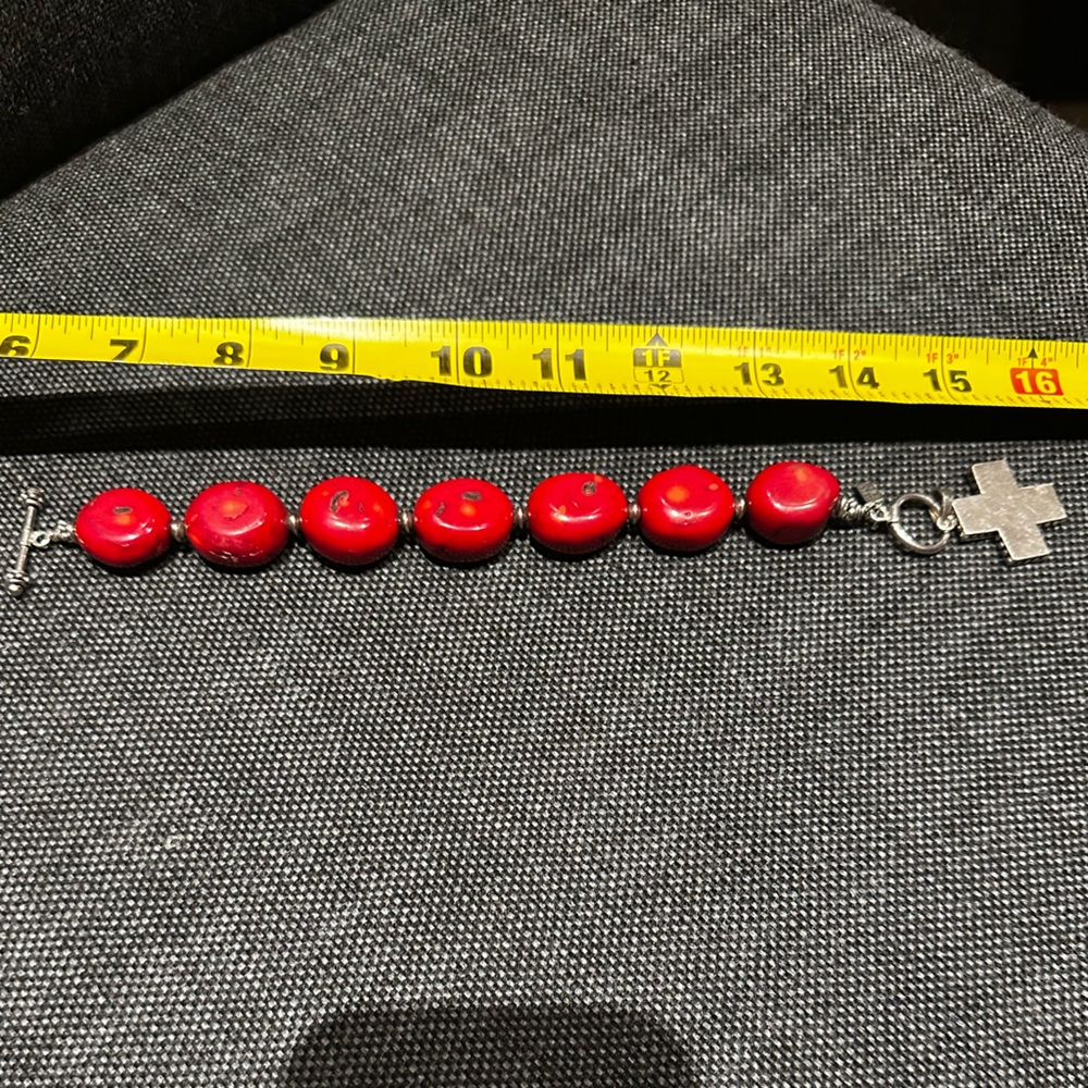Red Stone Bracelet with Silver Cross Charm